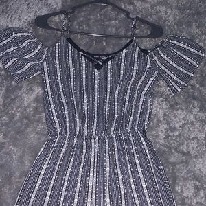 blue and white patterned jumpsuit/romper